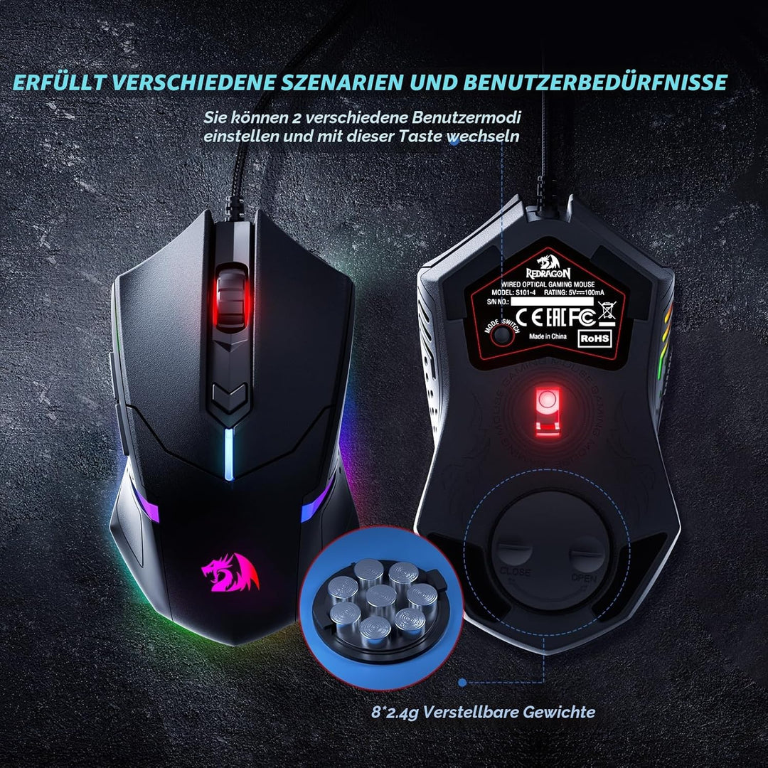 Redragon S101 Gaming Tastatur und Maus Set, QWERTZ DE-Layout, RGB Hintergrundbeleuchtung Beleuchtete