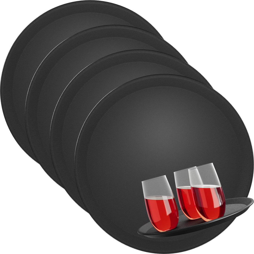 4X WELLGRO Kellnertablett Schwarz Ø 35 cm – Rutschfestes Serviertablett, Antirutsch, hoher Rand, Gas
