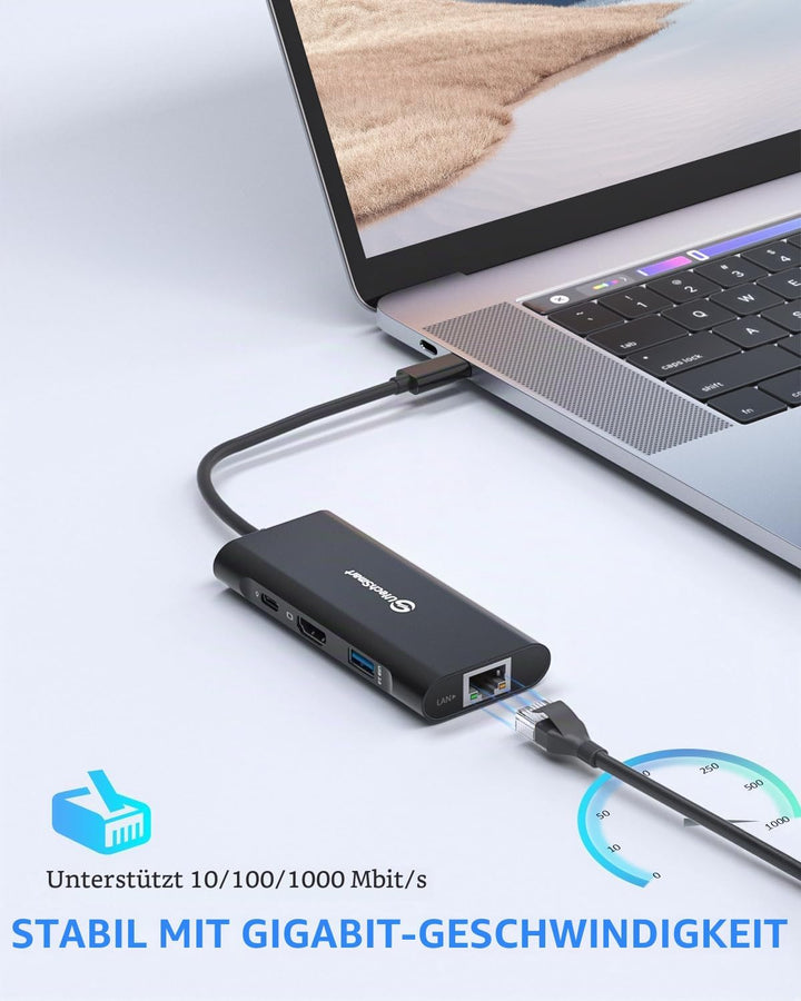 USB C Hub, UtechSmart 6 in 1 USB C zu HDMI Adapter mit 1000M Ethernet, PD 100W Ladeanschluss, 3 USB