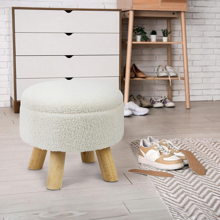 LIANTRAL Runder Sitzhocker, Teddy Samt Fusshocker mit Stauraum, Deckel abnehmbar, Holzstütze, Modern