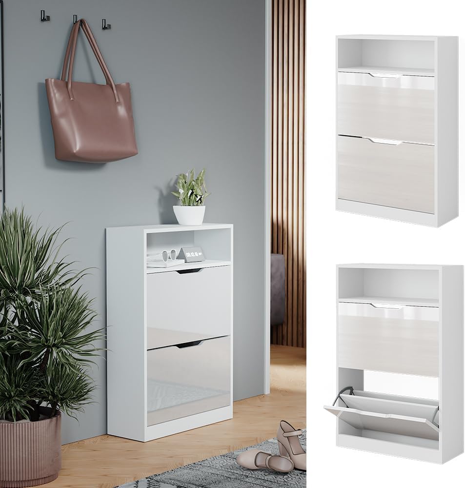Vicco Schuhkipper Luca, Weiss/Weiss Hochglanz, 59 x 89.5 cm mit 2 Fächern, zur Aufbewahrung von Schu