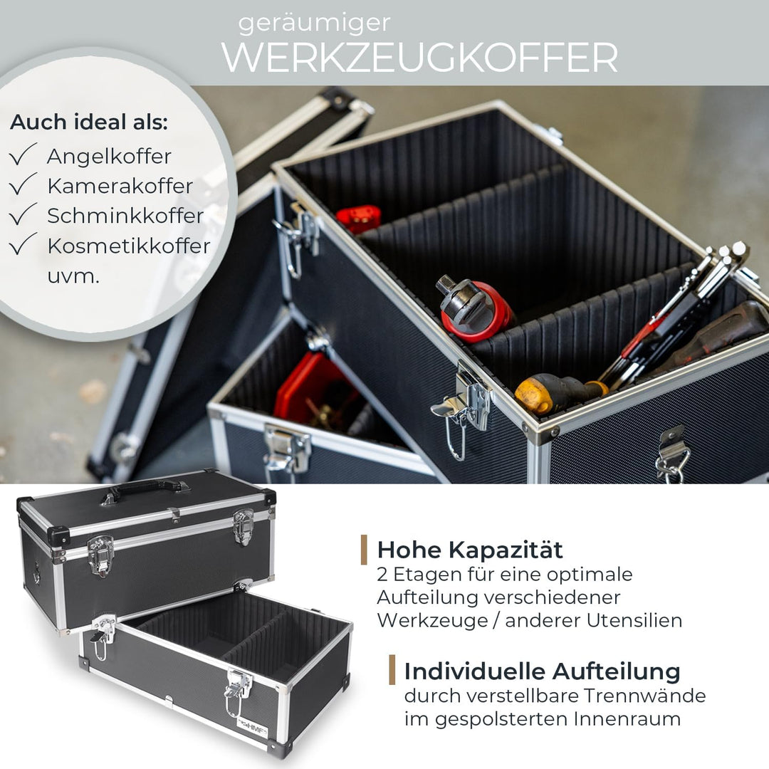 HMF 14660-02 Alu Werkzeugkoffer leer, 2 Etagen, 44 x 32,5 x 24 cm, schwarz, 2 Etagen