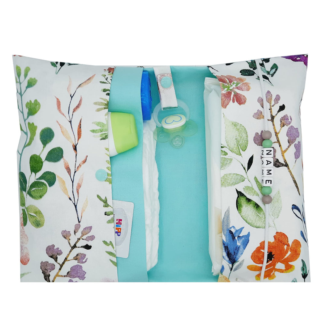 Grosse Windeltasche XXL mit Name Wickeltasche bunte Wiese weiss mint