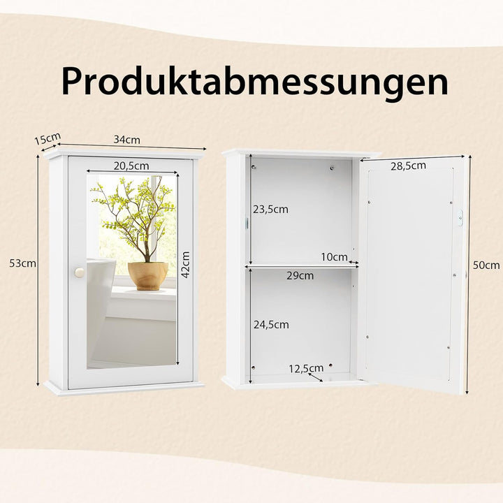 COSTWAY Bad Spiegelschrank, Hängeschrank mit Spiegeltür & Verstellbarer Ablage, Wandschrank Holz, Ba