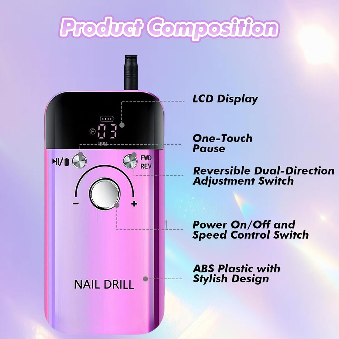 Professioneller Aufsteckbarer Nagelfräser, Elektrische Nagelfeile 30000U/Min mit LED Display, Profes