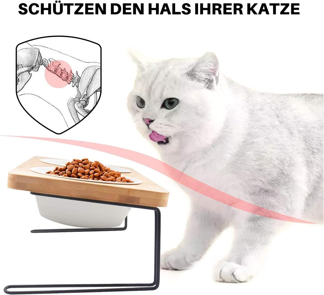 FUKUMARU Katzennapf Erhöht, 15° gekippte Futternapf für Katzen, mit rutschfestem Bambus und Metallha