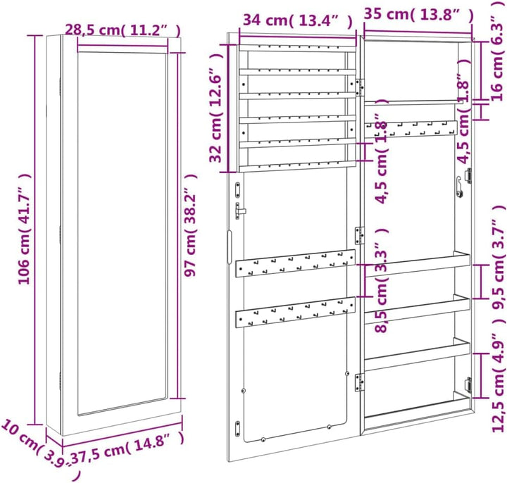 vidaXL Schmuckschrank mit Spiegel Wandmontage Weiss 37,5x10x106 cm 37.5 x 10 x 106 cm Weiss, 37.5 x