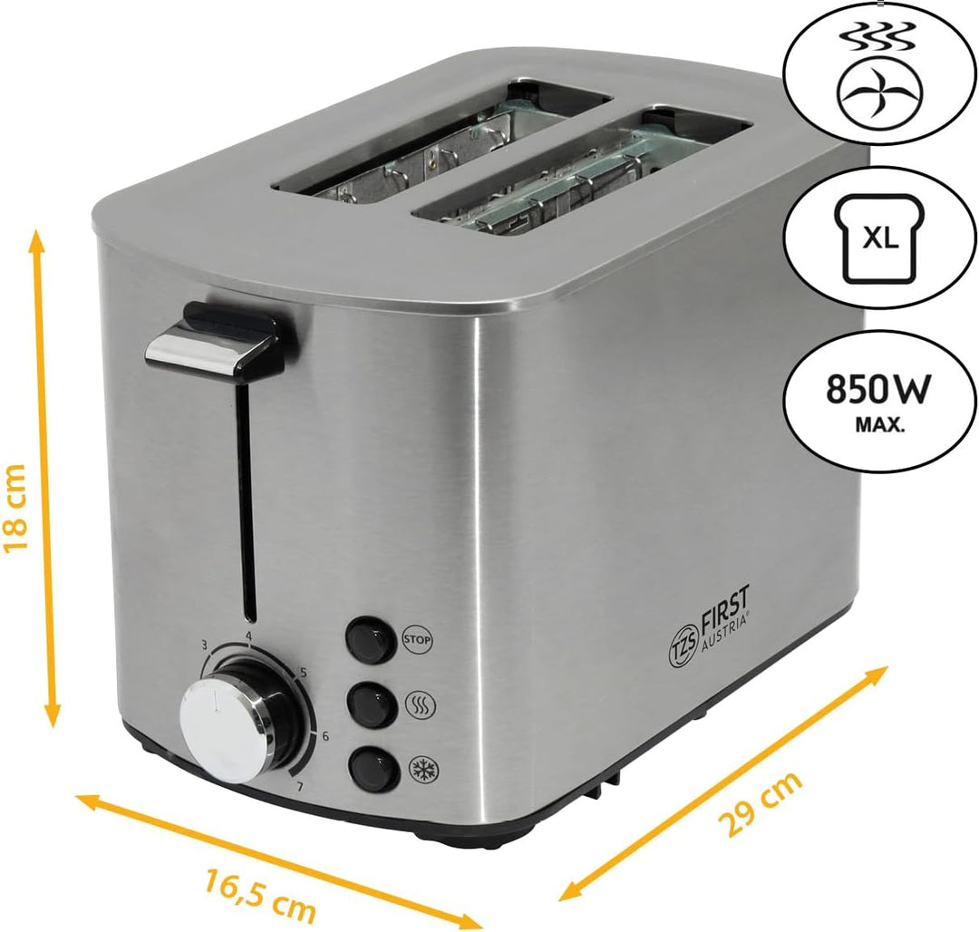 TZS First Austria Toaster | Edelstahl | 2 Scheiben | 850W | 7 Stufen | Warmhaltefunktion | abnehmbar