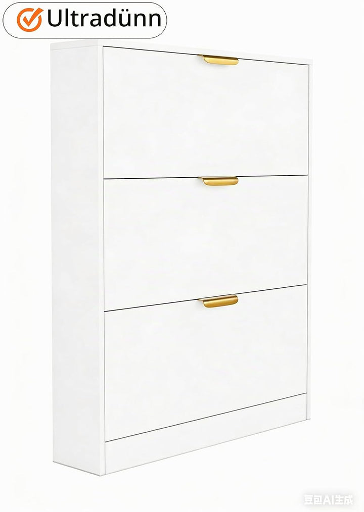 VOWNER Schuhschrank mit 3 Klappen Schmal Schuhkipper Weiss 80x17x108 cm | Platzsparender Schuhregal