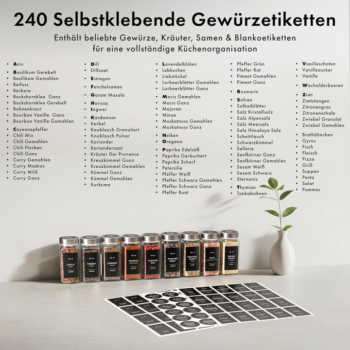EDELHAUS® Gewürzgläser Set (24 Stück) mit 240 Aufklebern, Marker und Trichter - Hochwertige Glasbehä