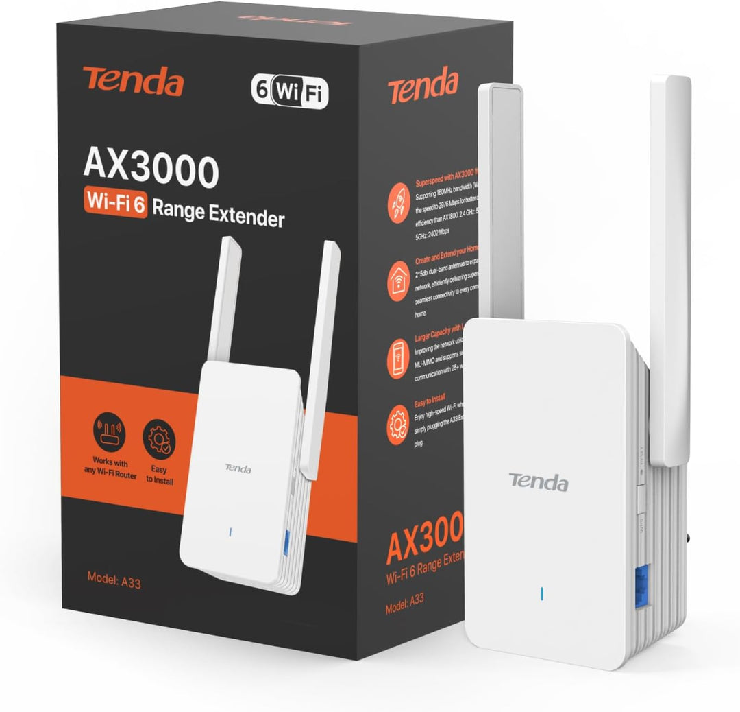 Tenda A33 WiFi 6 Repeater WLAN Verstärker (AX3000 Dualband 5GHz:2402Mbps+2,4GHz:574Mbps), 2*5dBi Ant