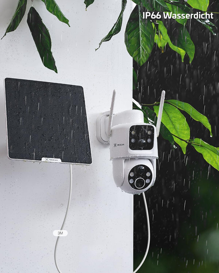 COCOCAM 2K Überwachungskamera Aussen Akku WLAN mit Dual-Objektiv, Solar Kamera Outdoor, Dual PIR, 10