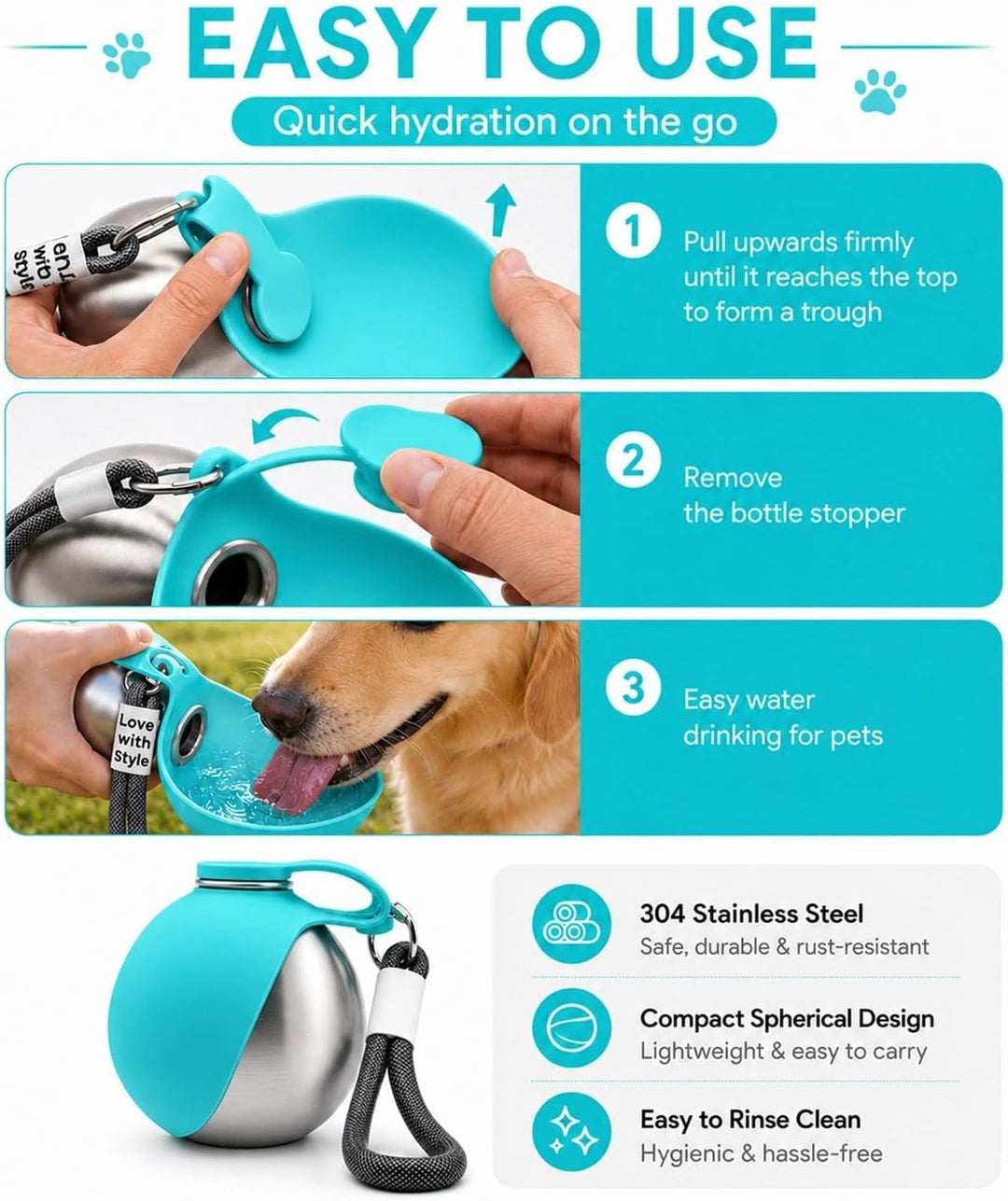 Trinkflasche Hunde für Unterwegs, 285 ml Edelstahl Hundetrinkflasche,Kompakte & Auslaufsichere Wasse
