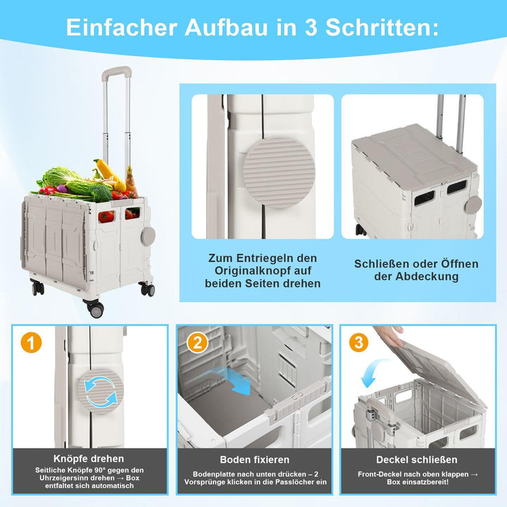 Einkaufstrolley 50 Liter mit 4 Rollen, 2 Bremsen, klappbar & stapelbar, bis 55kg belastbar, grosser