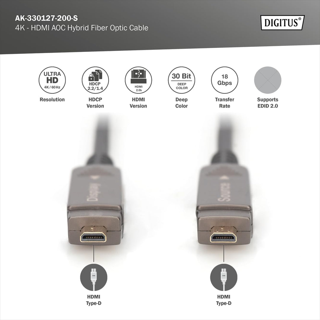 DIGITUS Glasfaser HDMI-Kabel – 20 m – UHD 4k 60Hz – abnehmbare Stecker, 20 m
