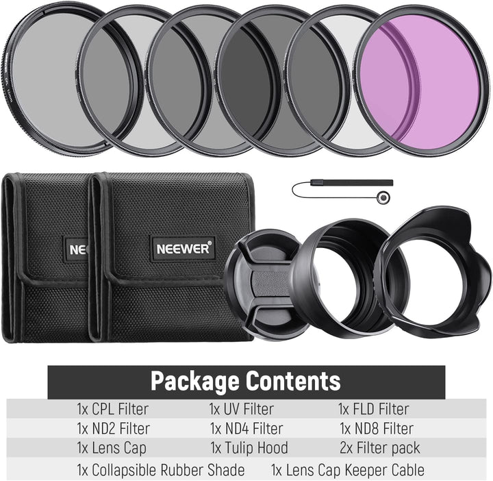 NEEWER Objektiv Filter Set 52mm UV CPL und ND Filters(ND2, ND4, ND8) FLD Filter, Tulpenförmiger Blen