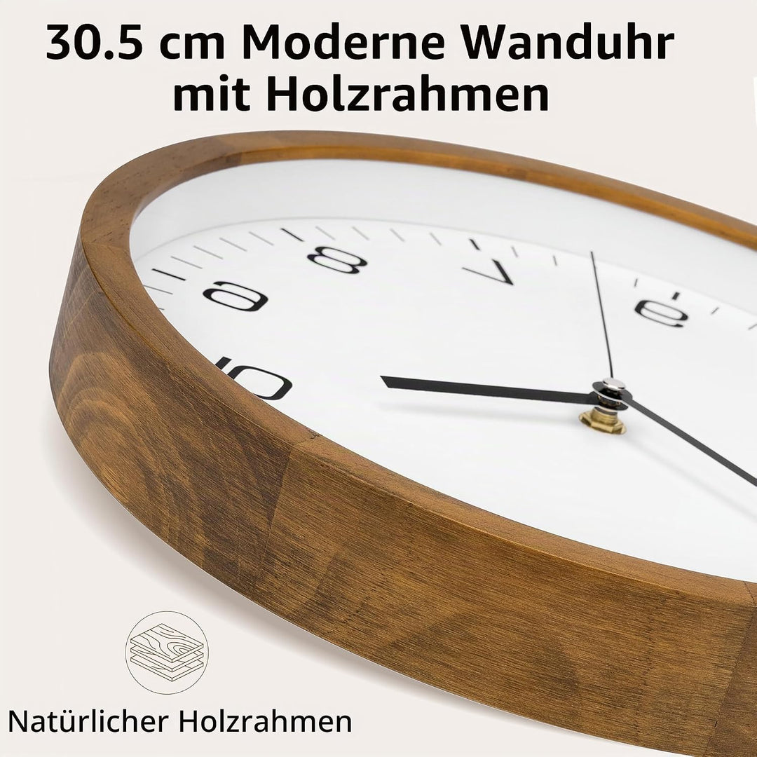 Foxtop Wanduhr Holz Ohne Tickgeräusche 30 cm Grosse Lautlos Wanduhr leicht zu lesen Rund Holzuhr für