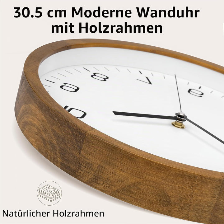 Foxtop Wanduhr Holz Ohne Tickgeräusche 30 cm Grosse Lautlos Wanduhr leicht zu lesen Rund Holzuhr für