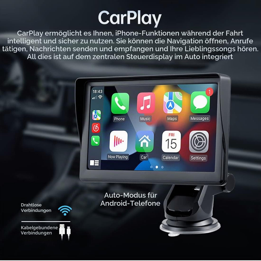 WEPARTICULAR Kabelloser Apple Carplayer Android Auto Monitor, 7-Zoll-Full-HD-Touchscreen, tragbarer