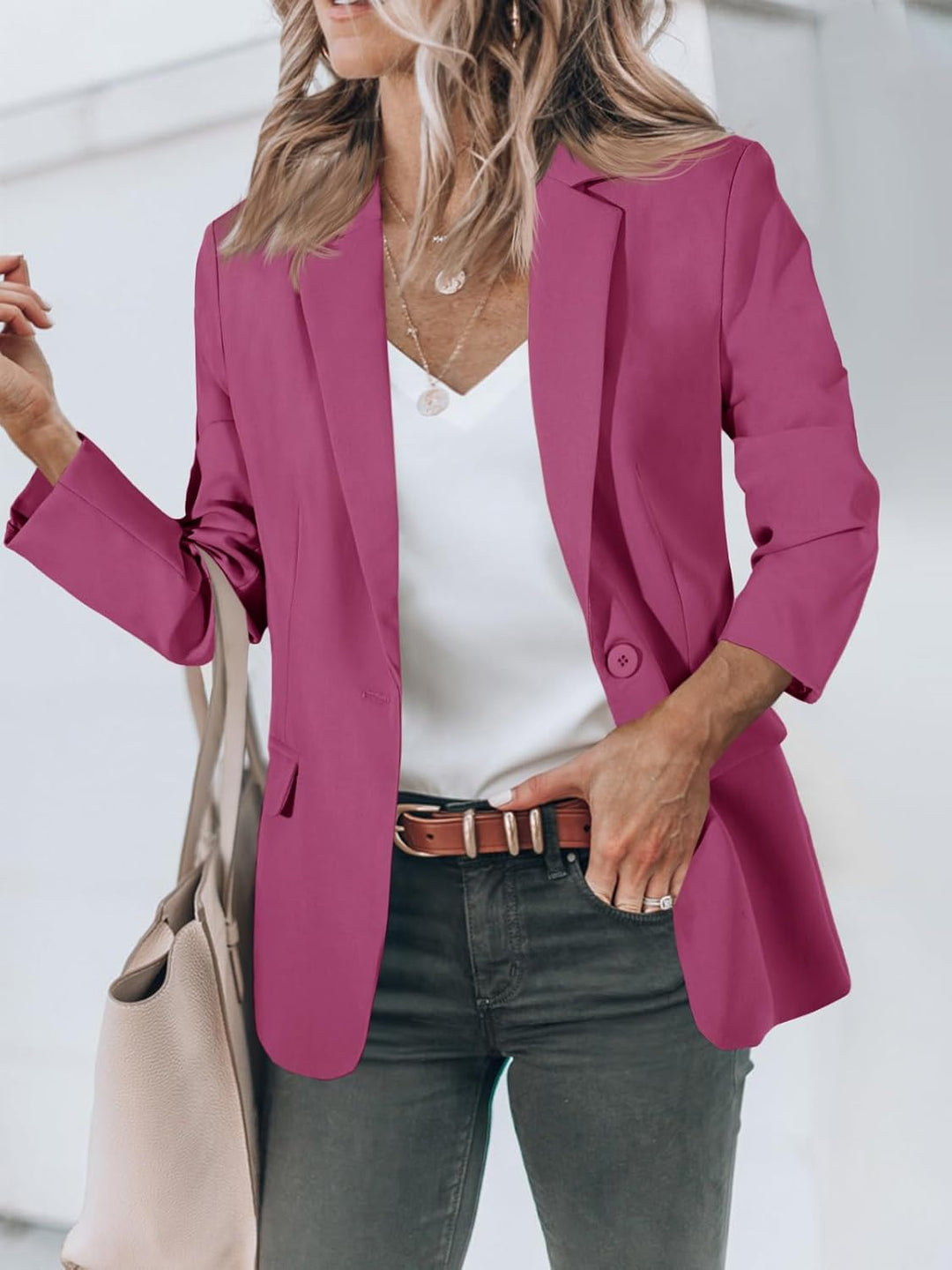 Cicy Bell Damen Langarm Casual Blazer Arbeit Büro Knopf Open Front Jacke Anzug M Lila, M Lila