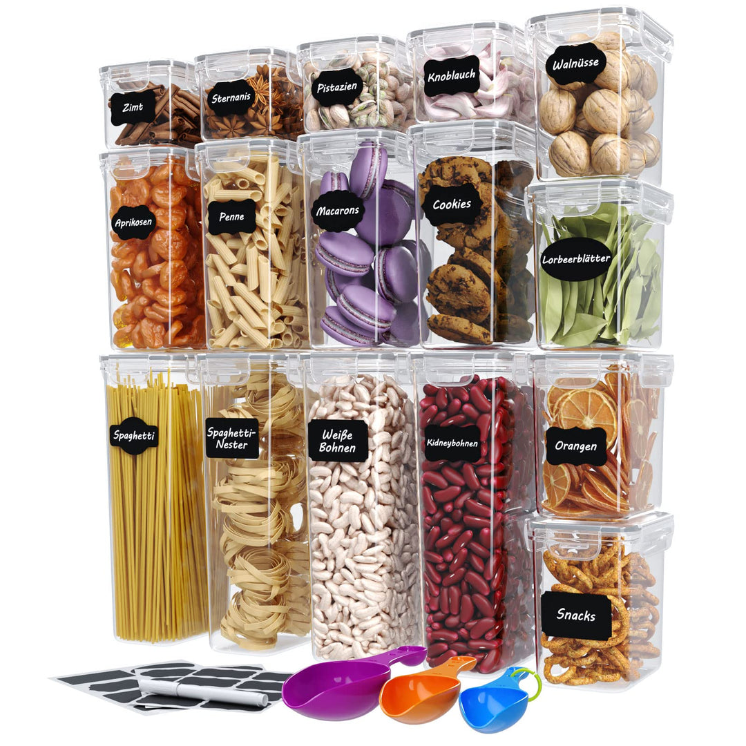 WELLGRO Vorratsdosen Set mit Etiketten, Kreidestift und Messlöffeln Frischhaltedosen mit Deckel BPA-