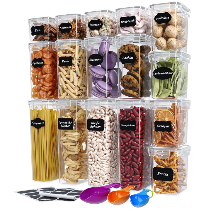 WELLGRO Vorratsdosen Set mit Etiketten, Kreidestift und Messlöffeln Frischhaltedosen mit Deckel BPA-