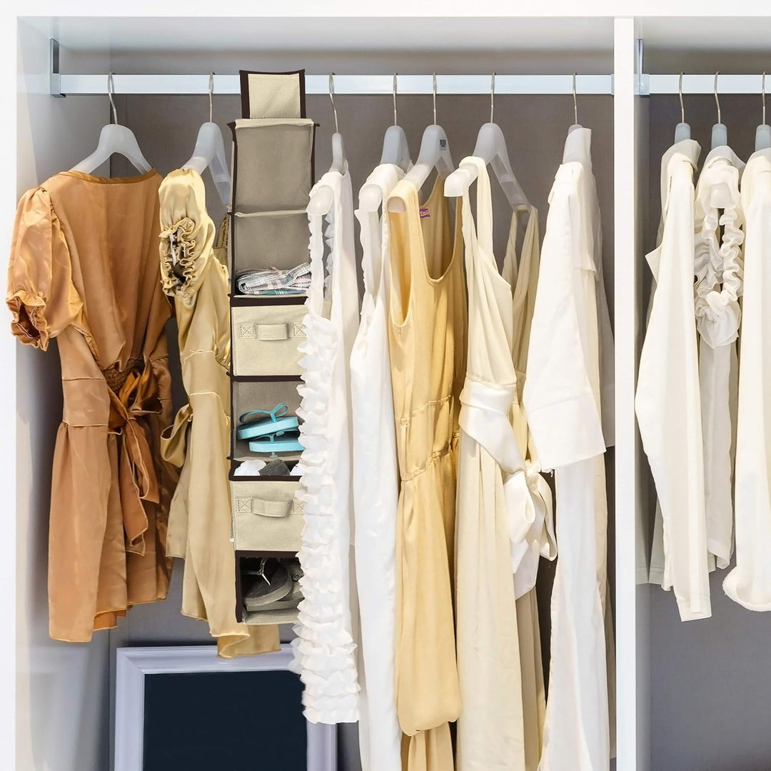 Relaxdays, Beige Hängeregal Stoff, Hängeaufbewahrung, 6 Fächer, 2 Schübe, für Kleiderschrank, HBT: c