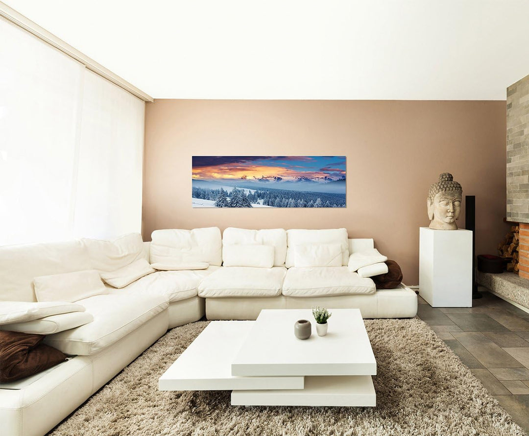 Wandbild auf Leinwand als Panorama in 150x50cm Ukraine Berge Wald Winter Schnee Wolken