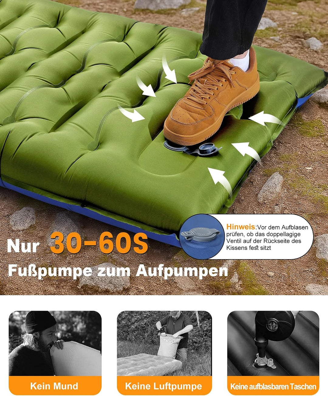 JasGood Isomatte Camping 15CM Ultraleicht Camping Luftmatratze mit Kissen und Fusspumpe Aufblasbare