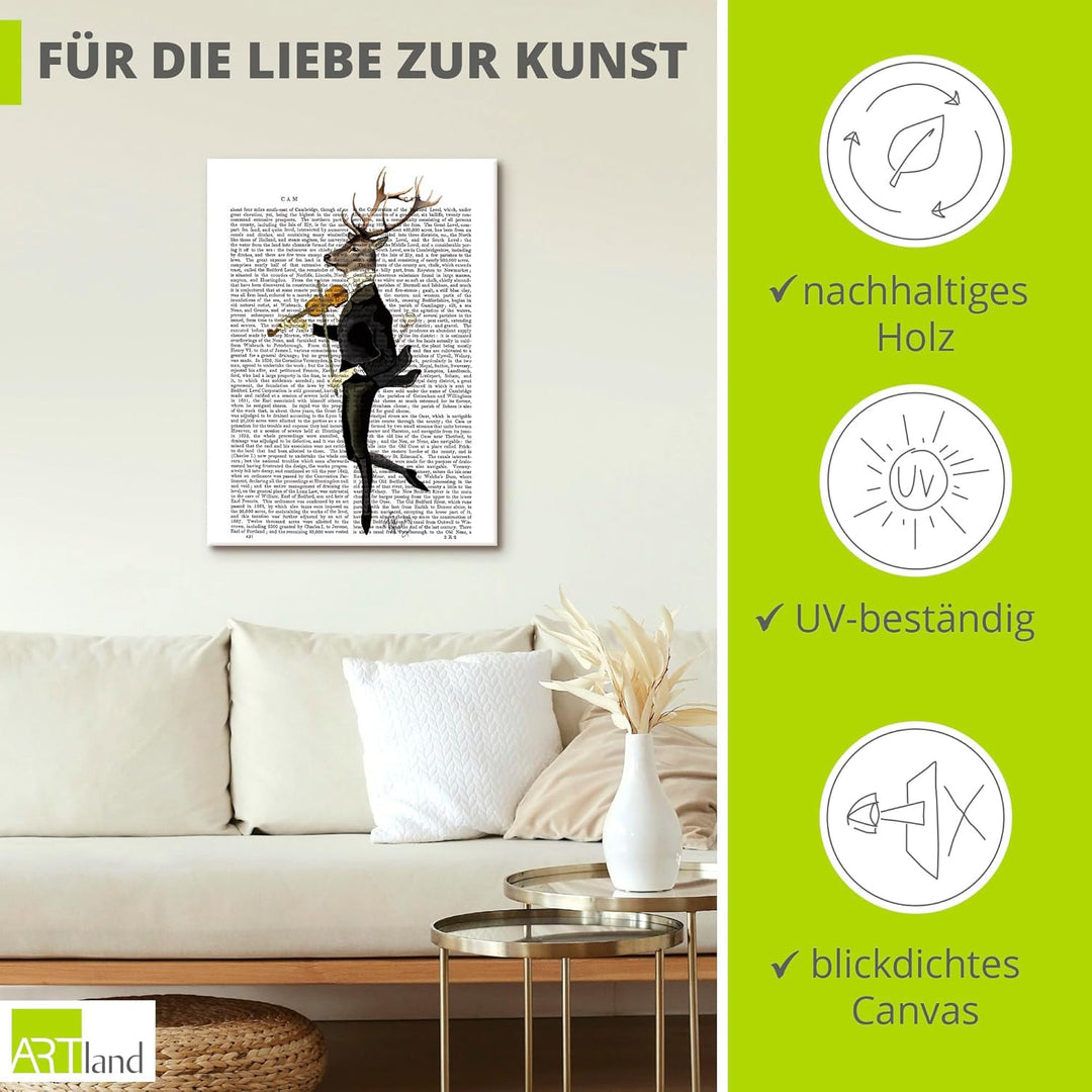 ARTland Leinwandbilder Wandbild Bild auf Leinwand 45x60 cm Wanddeko Hirsch Musik Skandinavisch Tiere