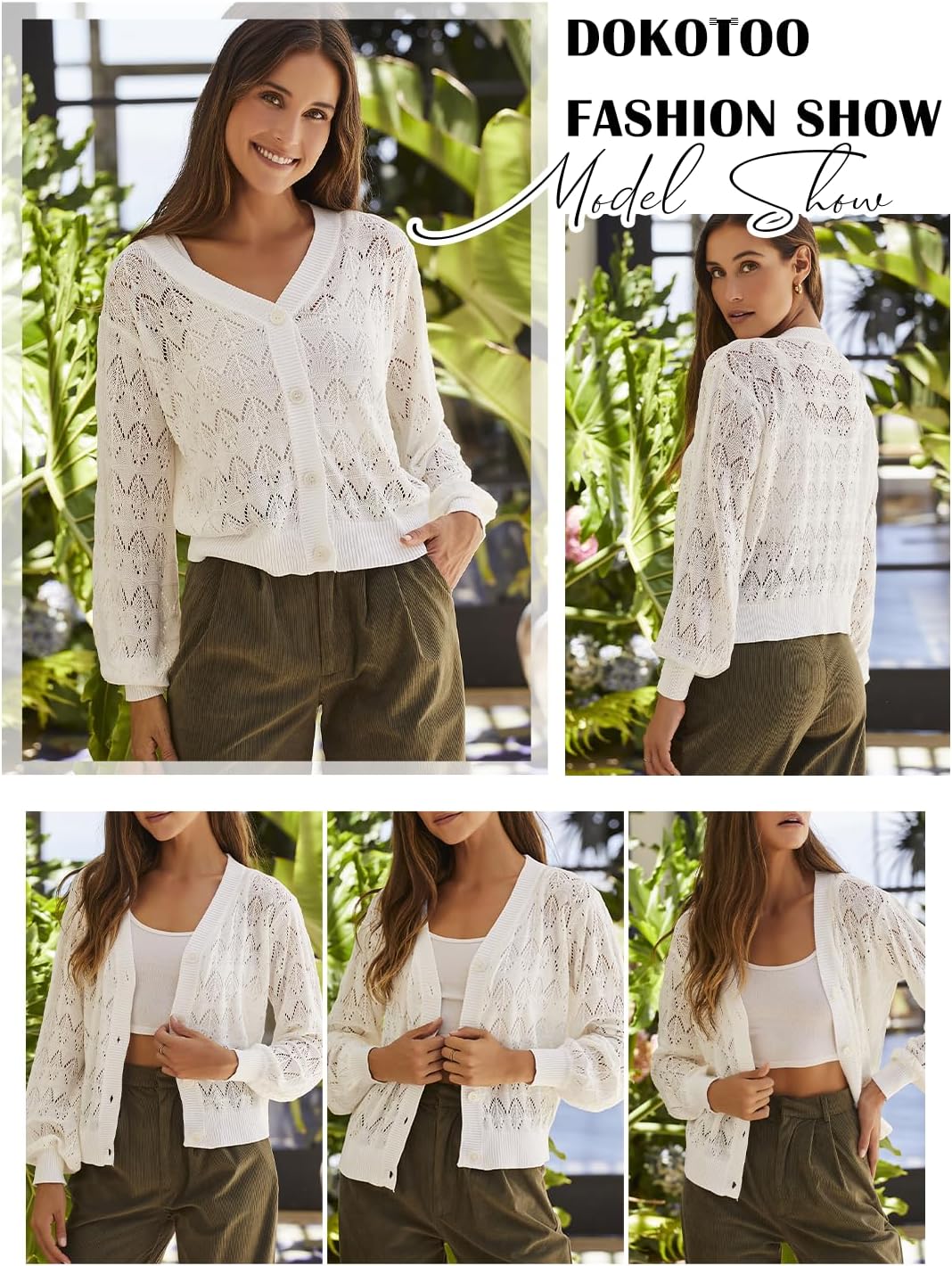 Dokotoo Damen Strickjacke V-Ausschnitt Kurzer Cardigan Elegant Langarm Leichter Strickpullover mit K