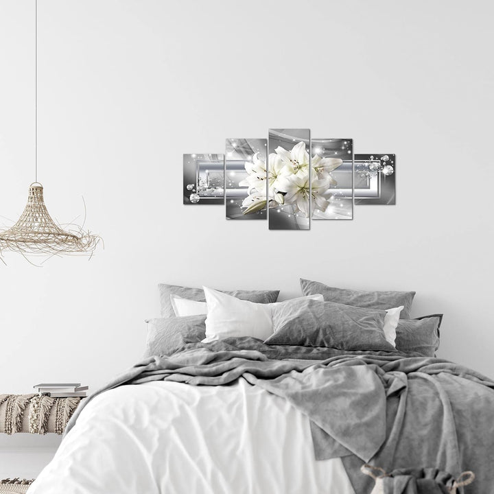 Runa Art Wandbilder Blumen Lilien 5 Teilig Bild auf Vlies Leinwand Deko Wohnzimmer Abstrakt Grau Sil