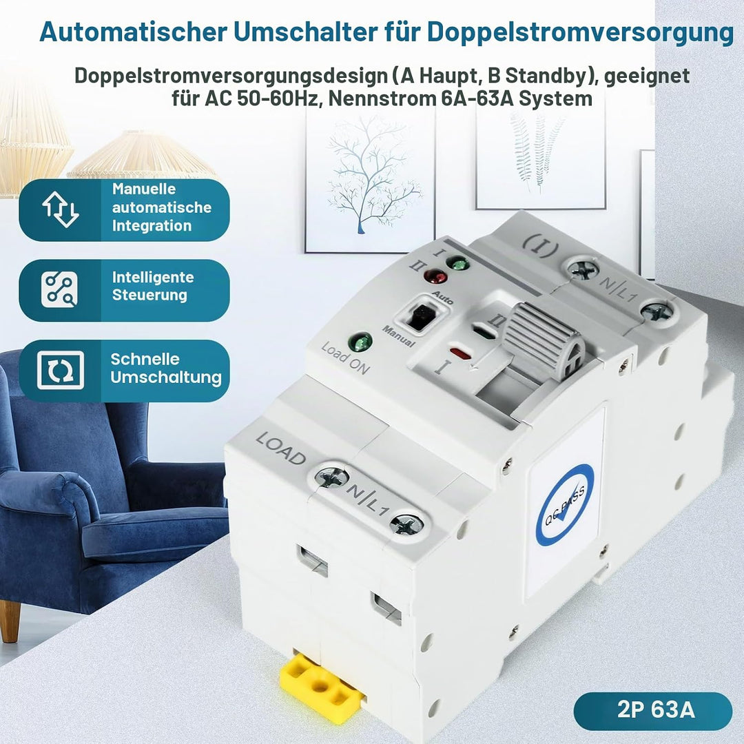 DEWIN Transferschalter, automatischer Transferschalter G2R 63A DIN-Schiene ATS Dual Power Automatisc