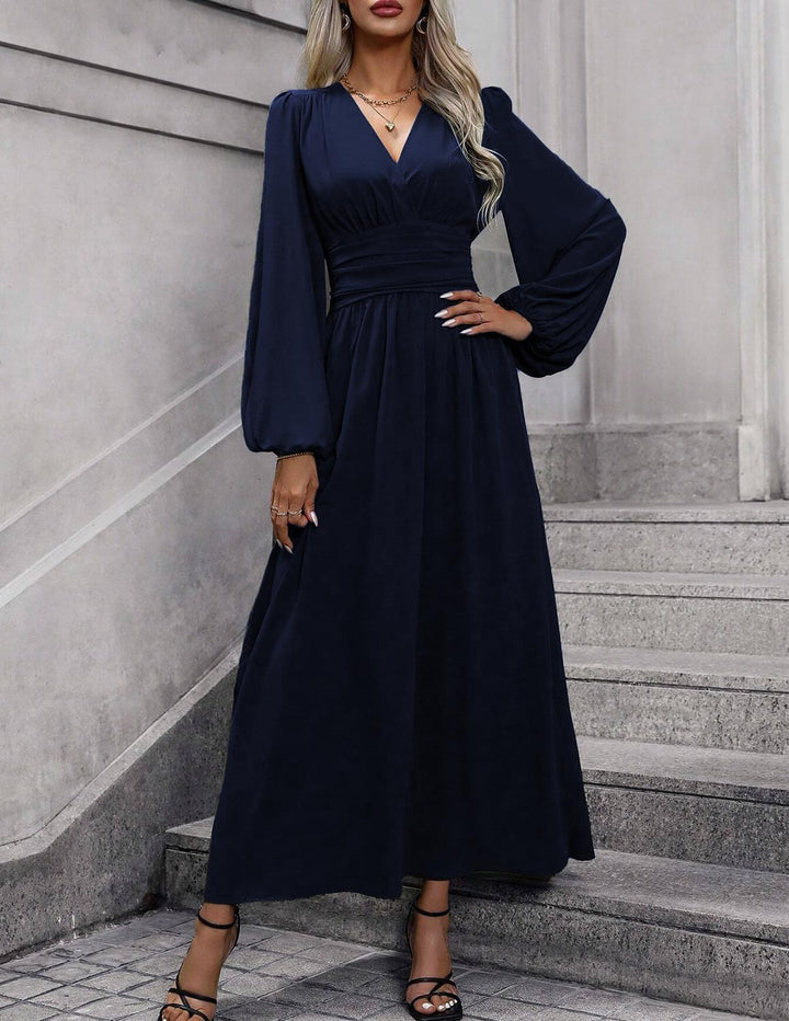 Damen Kleid 2.0 Elegant Langarm V-Ausschnit Tunika Maxikleider Casual Hohe Taille Saumschlitz Cockta