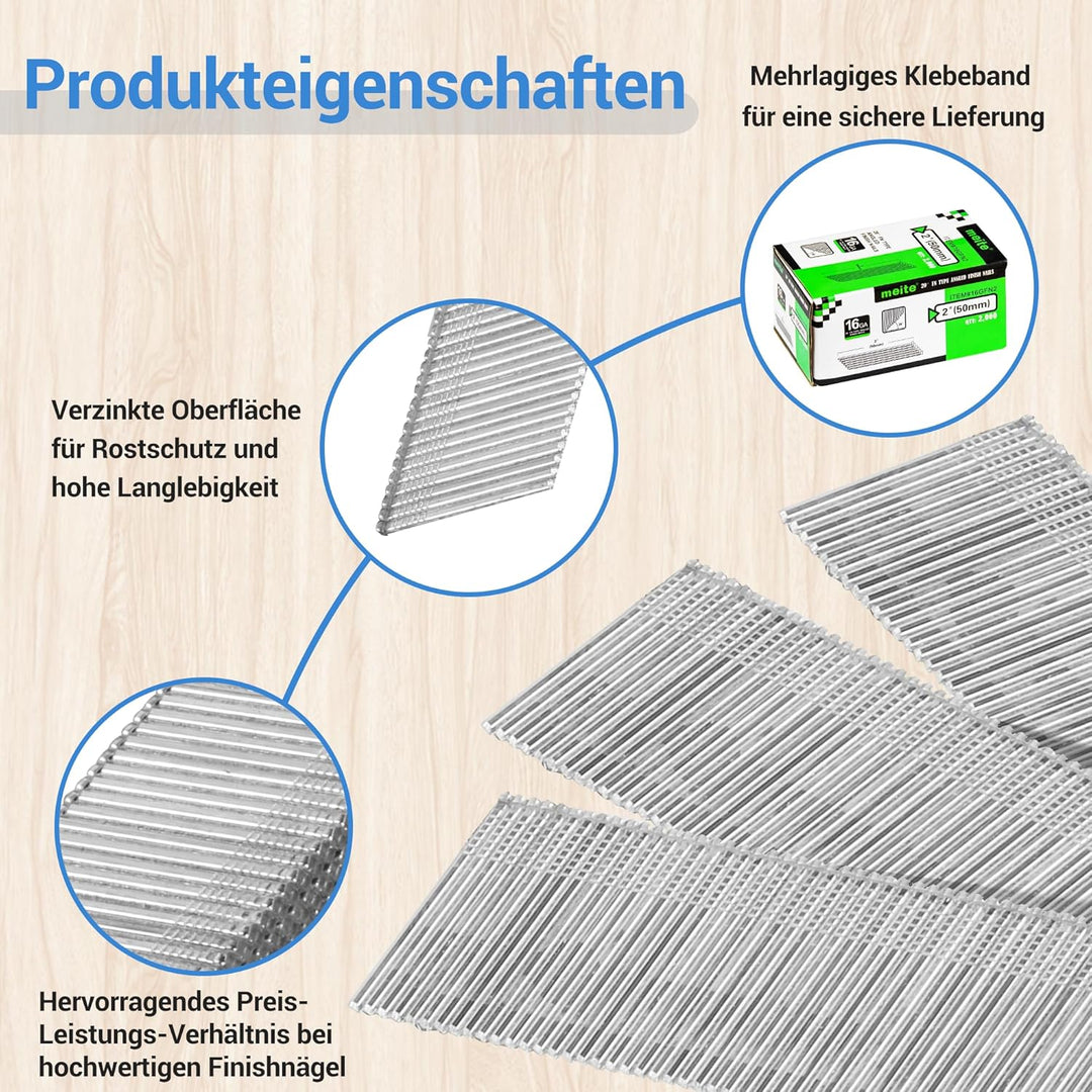 meite Gewinkelte Stauchkopfnägel 16G / 50 mm, 20 Grad Verzinkt Gewinkelte Nägel für Druckluftnagler,
