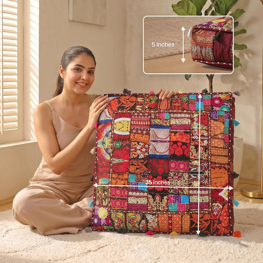 THE ART BOX 88 x 88 x 12 cm, Vintage-Patchwork, grosses Outdoor-Kissen, grosses Hundebett, Gartendek