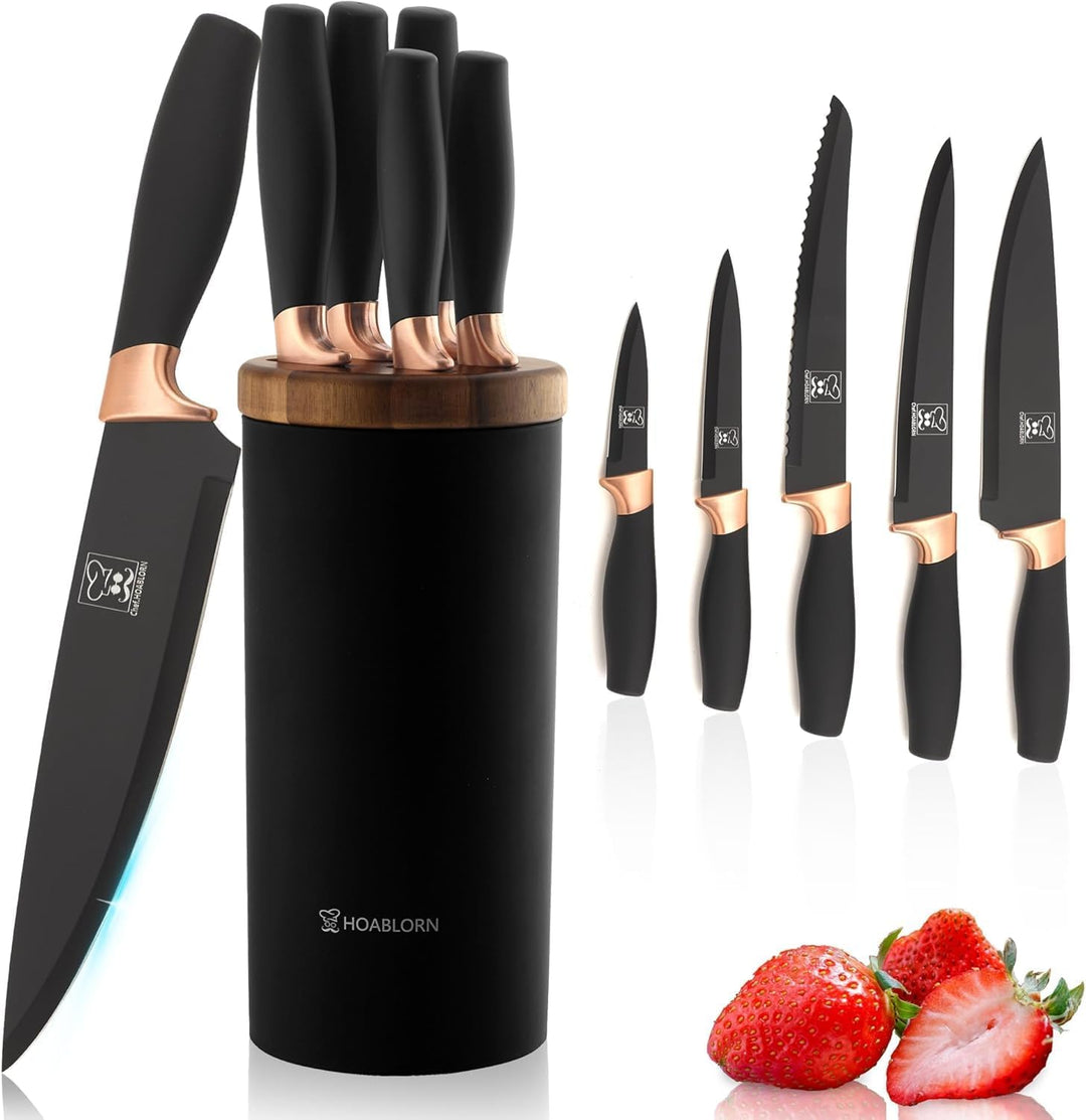 ChefHoablorn Black Messerblock 6-TLG Messerblock-Set Universeller runder Messerhalter Abnehmbarer Me