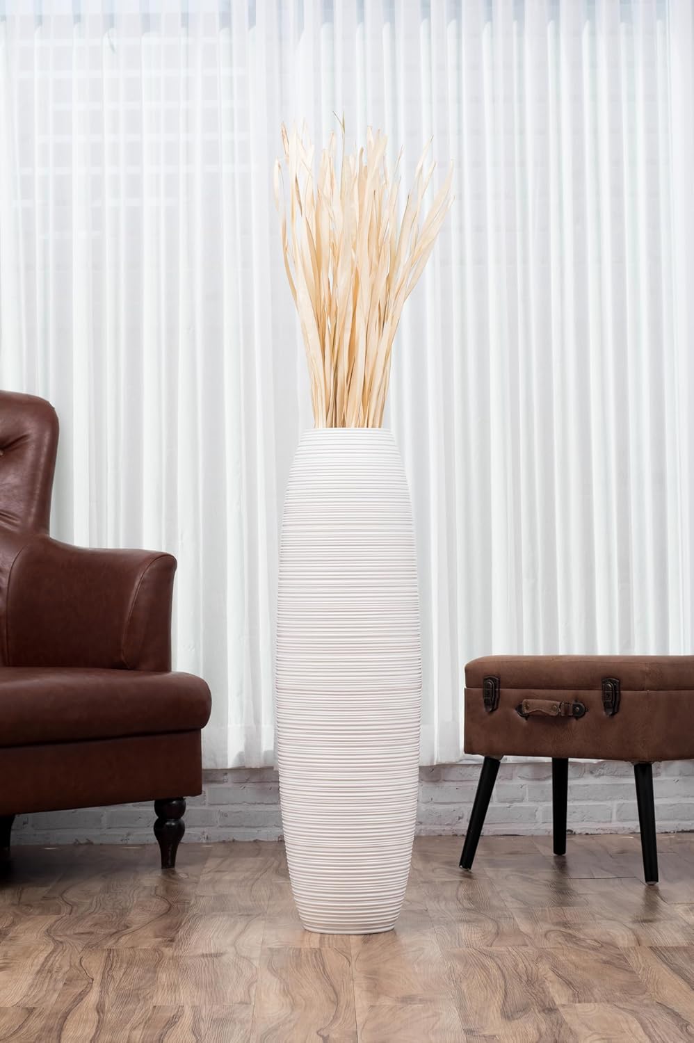 Leewadee Grosse Bodenvase für Dekozweige hohe Standvase Design Holzvase, Holz, 90 cm, Weiss 90 cm We