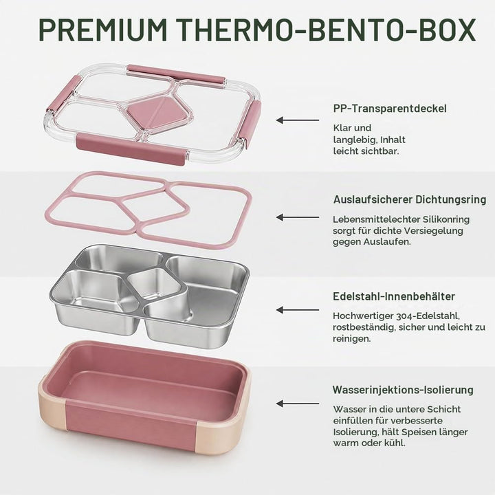 Edelstahl Brotdose 1020ml, Bento Lunchbox mit 4 Fächern