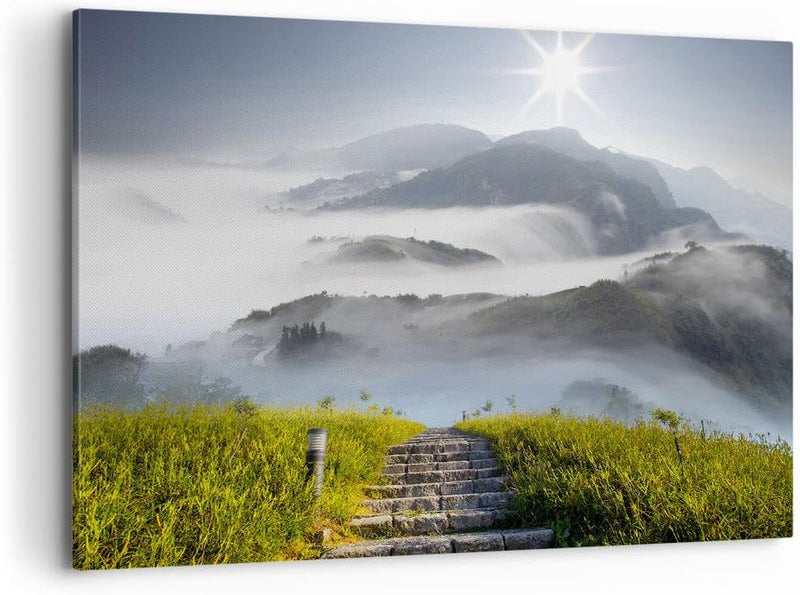 Bilder auf Leinwand 100x70cm Leinwandbild Berg Nebel Landschaft Morgen Gross Wanddeko Bild Schlafzim