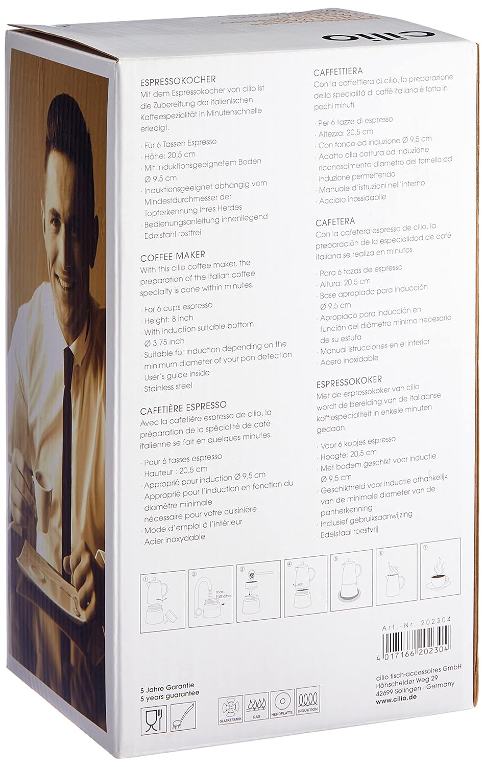 Cilio 202304 Espressokocher Modena, 6 Tassen, Edelstahl, Induktion geeignet