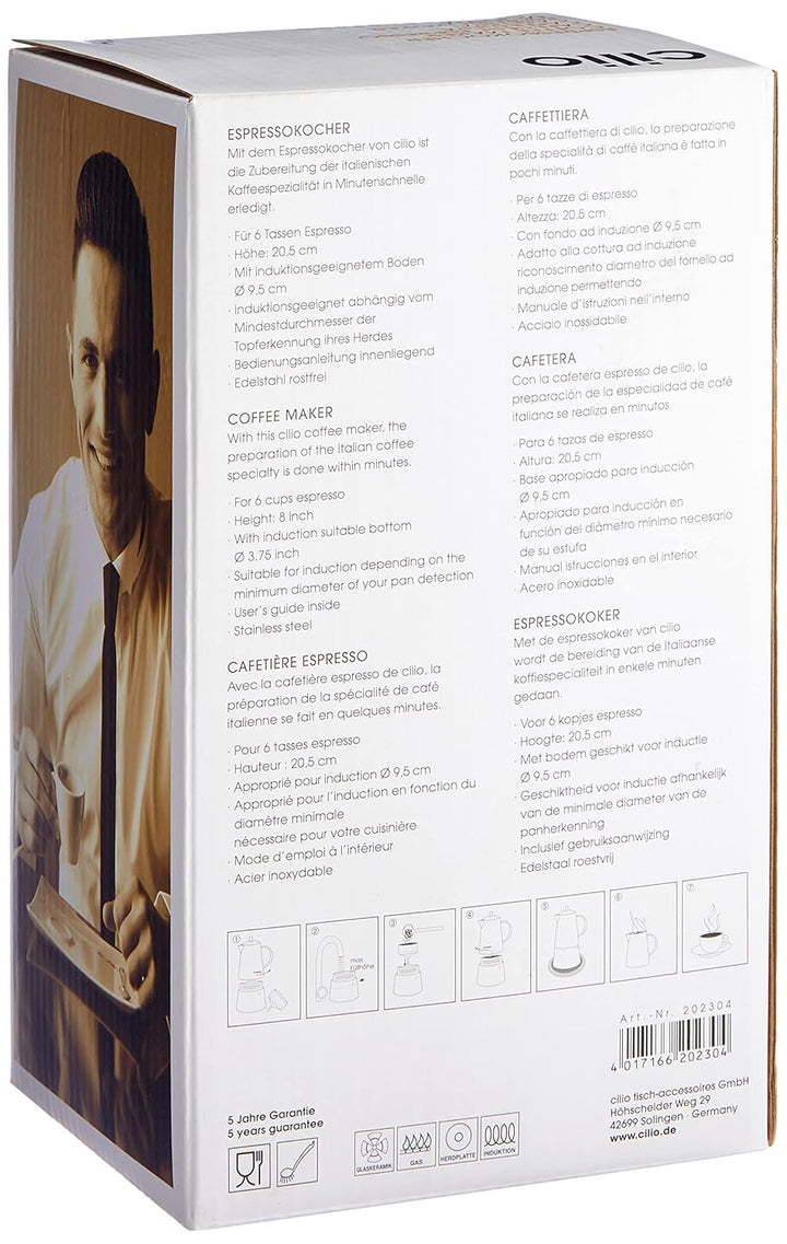 Cilio 202304 Espressokocher Modena, 6 Tassen, Edelstahl, Induktion geeignet
