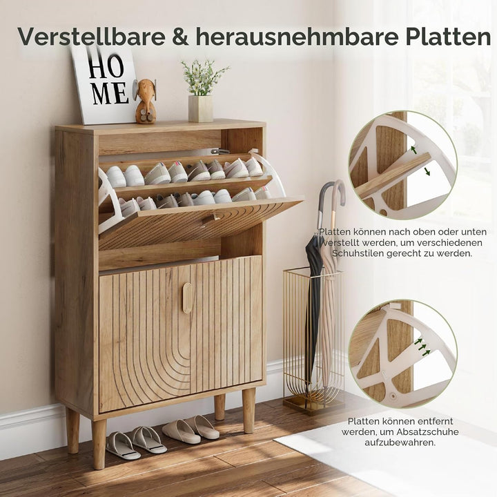 Smuxee Schuhschrank mit 2 Klappschubladen, 60 cm Eichen-Schuhaufbewahrungsschrank mit verstecktem De