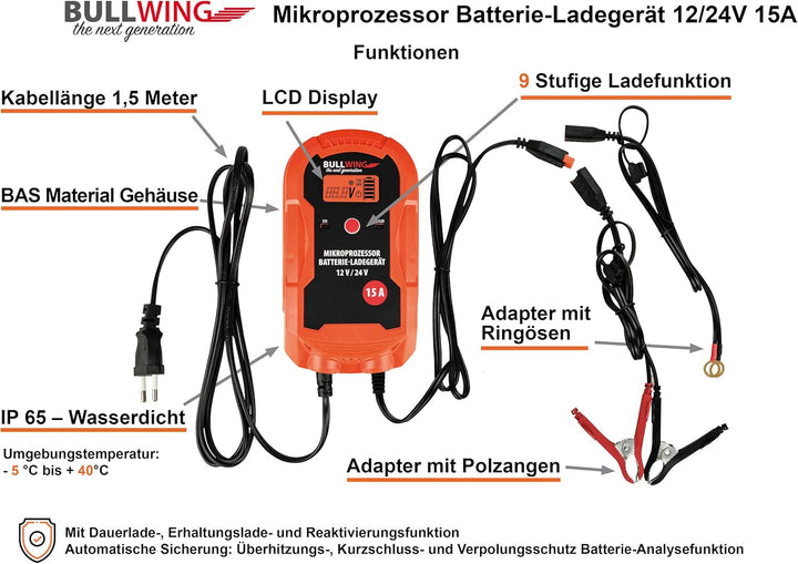 Bullwing Batterieladegerät Mikroprozessor 12/24V 15A LKW Bus Boot Traktor Vollautomatisches 9-stufig