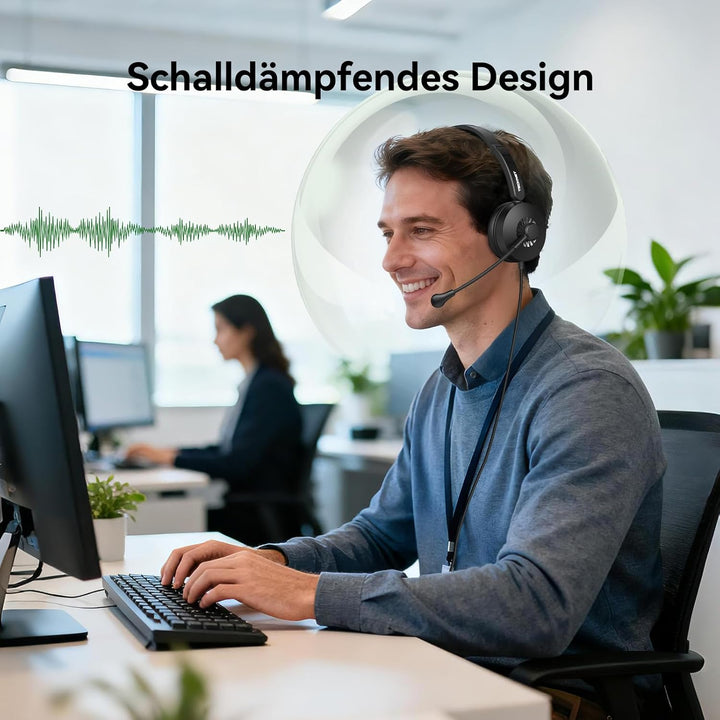 TECKNET Headset mit Mikrofon, USB Headset, kabelgebundenes PC-Headset, 2,0 m langes Kabel, Stereo-Ko