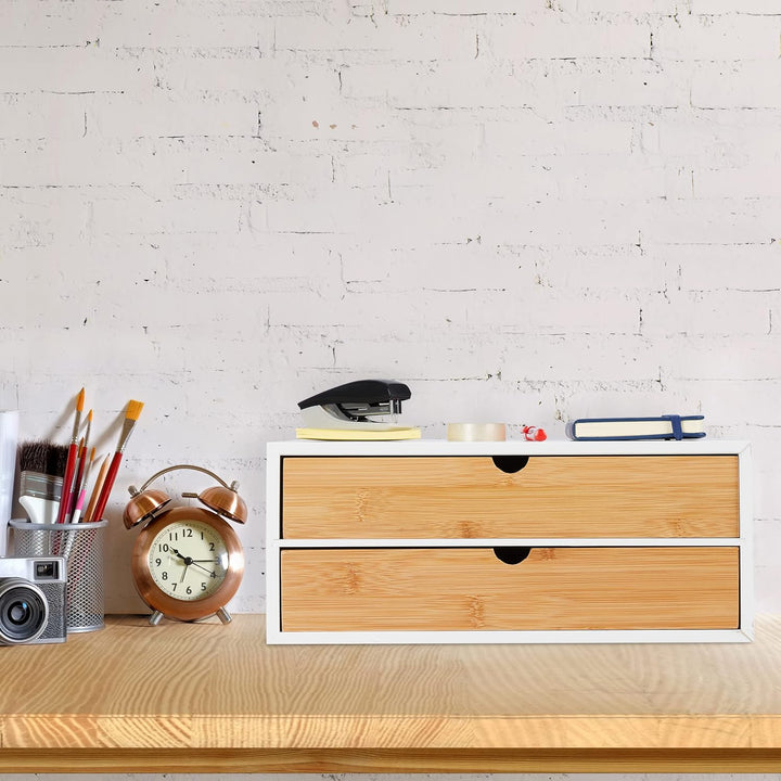 Relaxdays Schubladenbox, Bambus & MDF, Mini Kommode 2 Schubladen, HBT: 14x33x21 cm, Schreibtisch Org