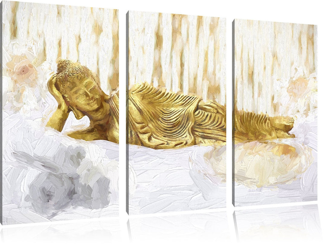 Pixxprint Goldener Buddha auf Handtuch Kunst als Leinwandbild | Grösse: 3 Teilig (120x80) | Wandbild
