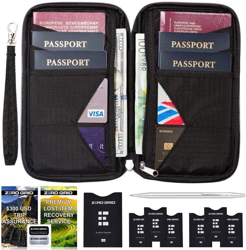 Reisepass Tasche Familien Reiseorganizer mit RFID Abschirmung - Reisedokumententasche Familie Schwar