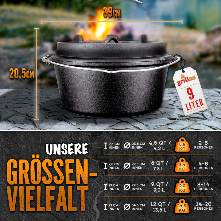 grillas Dutch Oven Set inkl. Rezeptideen | bereits eingebrannt - preseasoned | Feuertopf Gusseisen I