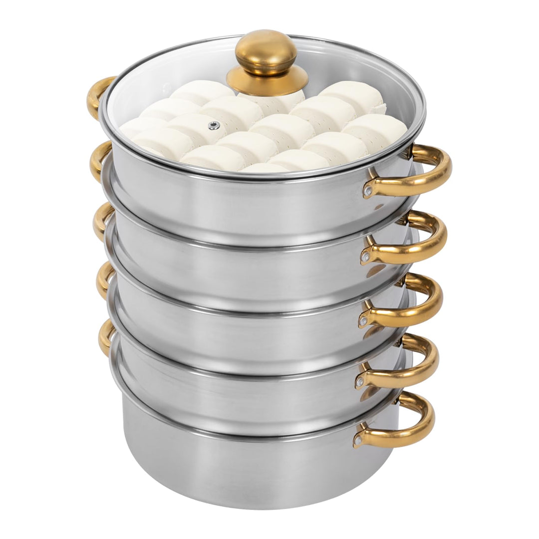 Dampfgarer Dampfkochtopf Dampftopf, Edelstahl 5 Etagen Dampfgarer Set, Grossraum Kochtopf Mehrschich